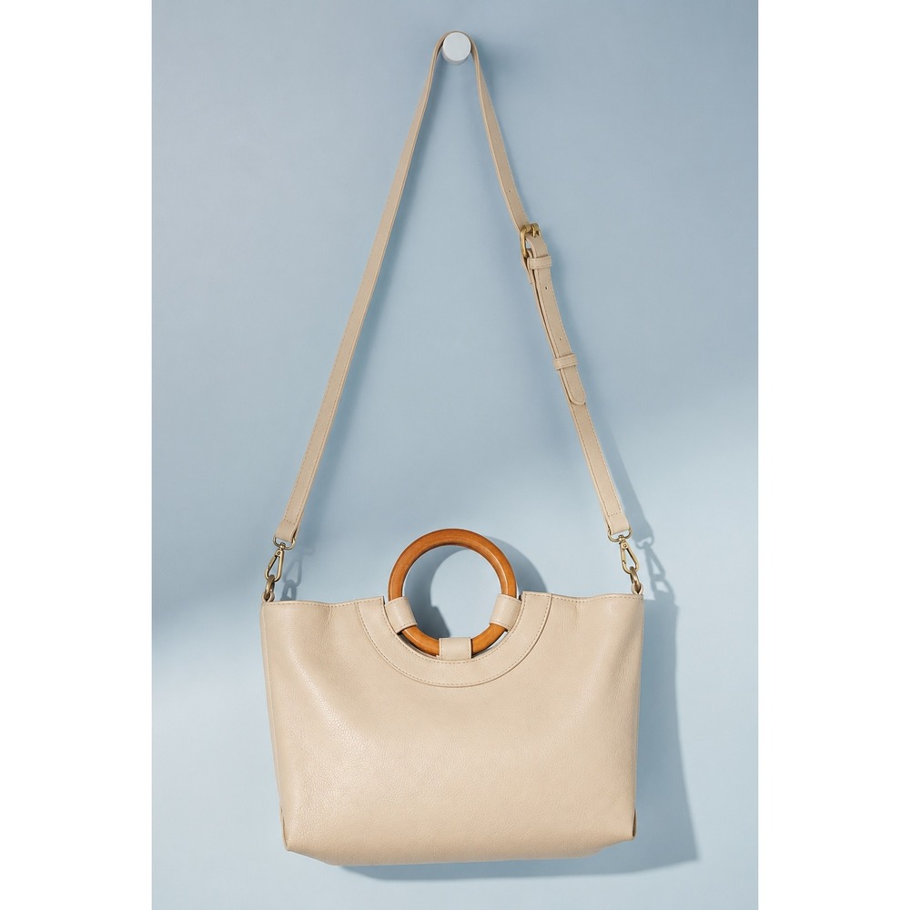 Anthropologie Amalia Wood Handle Tote Bag Cream Beige Crossbody Satchel
